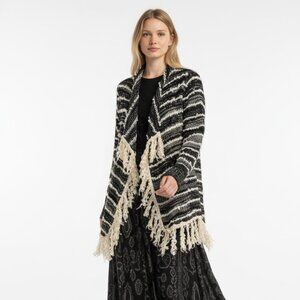 Anthropologie La Fee Verte Black Cream Fringe Waterfall Open Front Cardigan Sz S